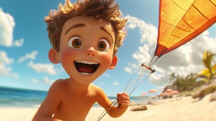 Poster - A joyful boy holding a colorful kite on a sunny beach, capturing a moment of fun.