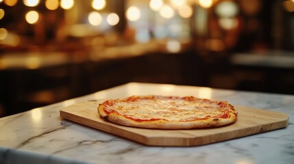 Poster - A freshly baked pizza on a wooden board, set on a marble table in a cozy restaurant.