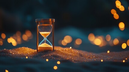 Wall Mural - An hourglass on sand, surrounded by glowing lights, symbolizing the passage of time.