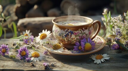 Sticker - A steaming cup of tea surrounded by colorful flowers on a rustic wooden surface.