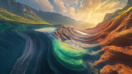 A stunning landscape showcases colorful, wave-like rock formations illuminated by the setting sun in a tranquil valley, emphasizing nature's artistic beauty