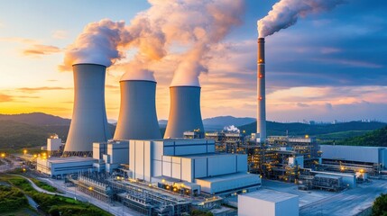 Poster - Industrial facility with cooling towers and smokestacks at sunset.