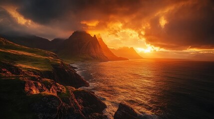 Wall Mural - A breathtaking sunset casts vibrant colors across the sky and ocean, highlighting the jagged cliffs along the coastline while waves crash gently on the shore