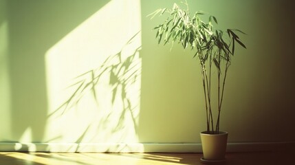 Wall Mural - A potted plant casts shadows on a wall, creating a serene indoor atmosphere.