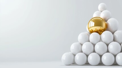 Wall Mural - Render, abstract minimalist geometric background. A gold ball is centered in a triangular pile of white balls.