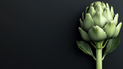 A close-up of an artichoke against a dark background, emphasizing its texture and form.