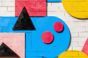 Brightly colored geometric figures painted on brick wall