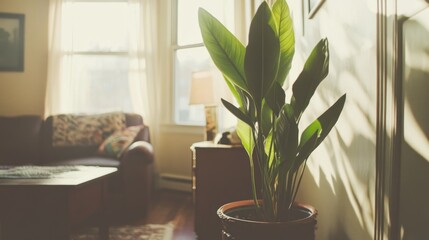 Wall Mural - A cozy living room featuring a potted plant and warm sunlight filtering through the windows.