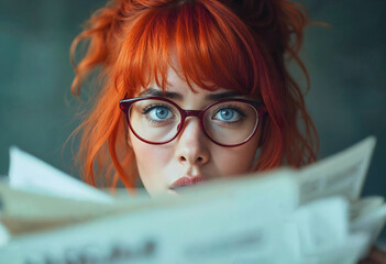 Poster - Portrait of pretty frustrated red hair woman behind pile of paperwork, busy secretary, business woman concept, exhausting work 