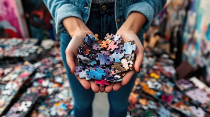 Sticker - A person holds colorful puzzle pieces amidst a backdrop of scattered puzzles.