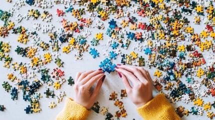 Wall Mural - A person assembling a colorful jigsaw puzzle on a table.