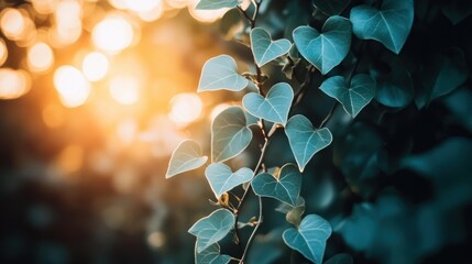 Wall Mural - A close-up of heart-shaped leaves illuminated by soft sunlight.