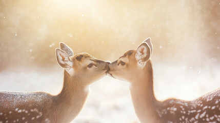 two adorable fawns touching noses in a snowy forest with golden sunlight in winter, heartwarming wil