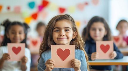 children holding heart cards, smiling in classroom, colorful decorations, expressing love and friend