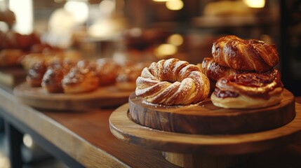 Wall Mural - A display of various pastries on wooden platters in a cozy bakery setting.