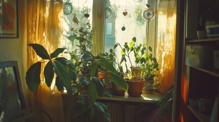 Poster - A sunlit window filled with various indoor plants and warm, golden curtains.