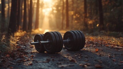 A pair of dumbbells rests on a forest path, illuminated by soft sunlight.