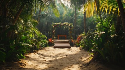 Sticker - A serene wedding altar surrounded by lush tropical foliage and sandy pathways.