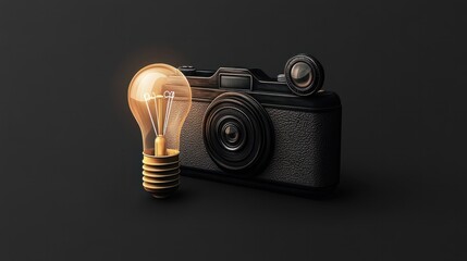 a vector illustration of a camera with a light bulb that is on a black background