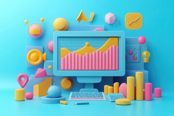 Digital marketing flat design top view strategy 3D render colored pastel
