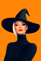 Young woman in witch hat isolated on orange background. Halloween celebration and carnival party concept. Witchcraft fashion. Banner or poster with copy space