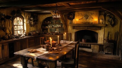 Wall Mural - A cozy, rustic dining room with wooden furniture and warm candlelight.