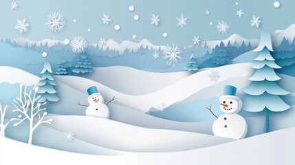 Sticker - A whimsical winter landscape featuring snowmen, trees, and snowflakes in a serene setting.