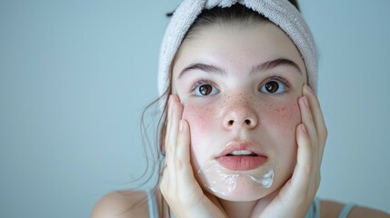 Close-up of a teen girl with freckles, gently touching her face while applying facial cream. She wears a white towel around her head, representing skincare and self-care