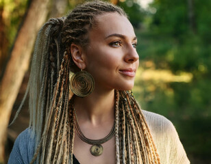 A close-up portrait of a woman with textured locs, adorned with natural jewelry and a serene