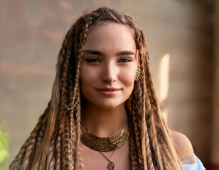 A close-up portrait of a woman with textured locs, adorned with natural jewelry and a serene