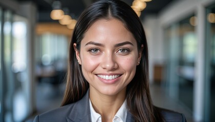 Headshot close up face portrait of young happy smiling Hispanic businesswoman, female company worker or corporate manager, confident business woman entrepreneur looking at camera at work in office.