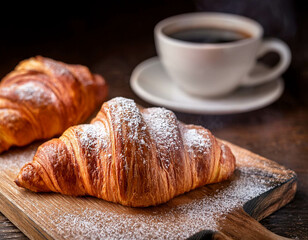 A close-up shot of freshly baked croissants on a wooden cutting board. The flaky, golden pas