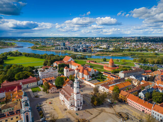 Wall Mural - Kaunas old town, Lithuania. Panoramic drone aerial view photo of Kaunas city center with many historical buildings