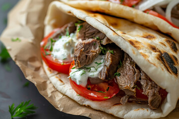 A delicious looking meat and tomato wrap is on a paper plate