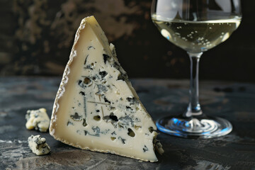 A wedge of blue cheese sits on a table next to a wine glass