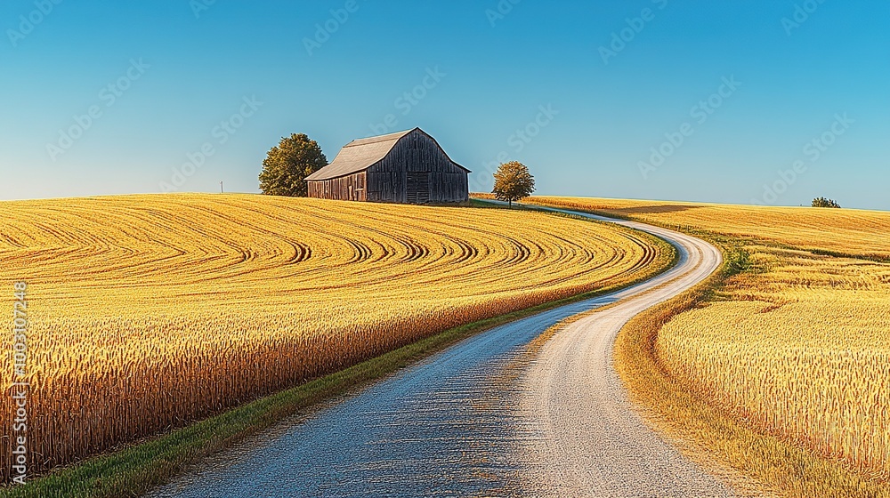 Scenic country road winding through golden wheat fields under clear ...