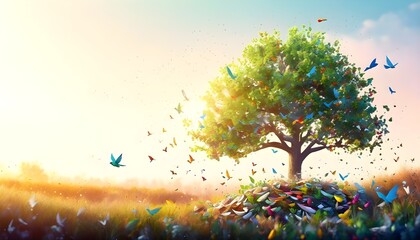 Wall Mural - Vibrant Animated Scene of a Tree Surrounded by Birds and Butterflies in a Colorful Field