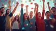 © Johannes - Team Celebrating Success. Group of people raising their hands in celebration, symbolizing teamwork, achievement, and success in a bright and joyful setting.
