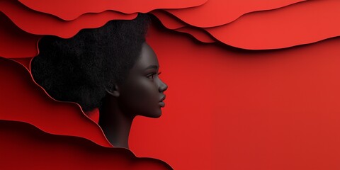 Poster - Black woman with afro looking to the right against red wavy background.