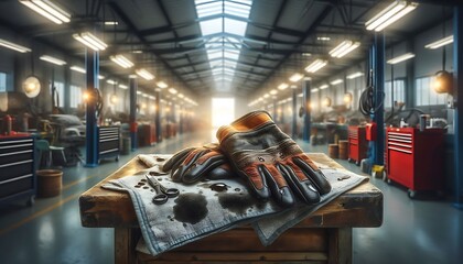 Wall Mural - A hyper realistic, macro view of work gloves and oil-stained shop towel