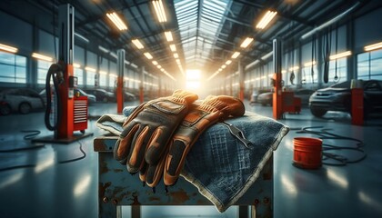 Wall Mural - A hyper realistic, macro view of work gloves and oil-stained shop towel