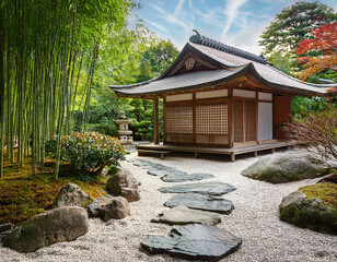 A Japanese-inspired garden with a stone path leading to a traditional tea house. 