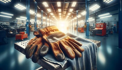 Wall Mural - A hyper realistic, macro view of work gloves and oil-stained shop towel