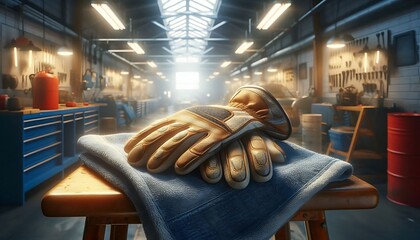 Wall Mural - A hyper realistic, macro view of work gloves and oil-stained shop towel