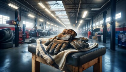 Wall Mural - A hyper realistic, macro view of work gloves and oil-stained shop towel