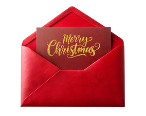 Wall Mural - red envelope with letter card with merry christmas congratulations text, isolated on white transpare