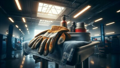 Wall Mural - A hyper realistic, macro view of work gloves and oil-stained shop towel