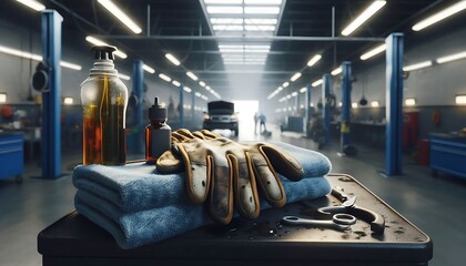 Wall Mural - A hyper realistic, macro view of work gloves and oil-stained shop towel