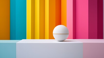 Sticker - White Sphere on a Platform Against a Colorful Striped Background.