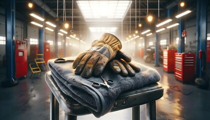 Wall Mural - A hyper realistic, macro view of work gloves and oil-stained shop towel